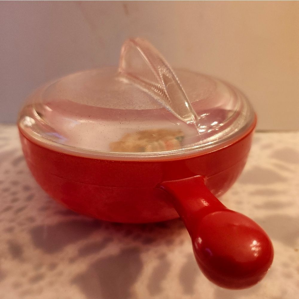 Vintage Mint w/Label "Glasbake" Red Covered Glass 5" Handled Casserole Dish USA